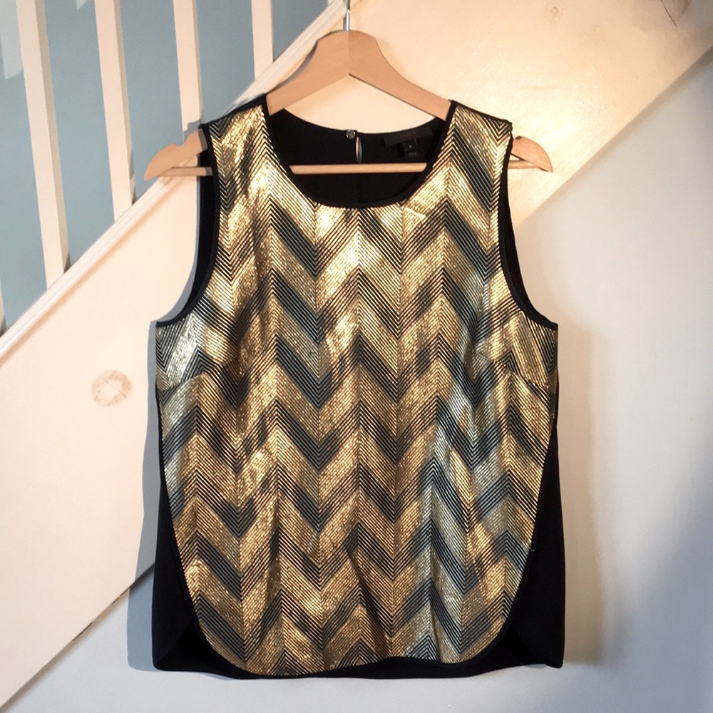 J. Crew shell top, glamorous metallic chevrons in blue and gold.